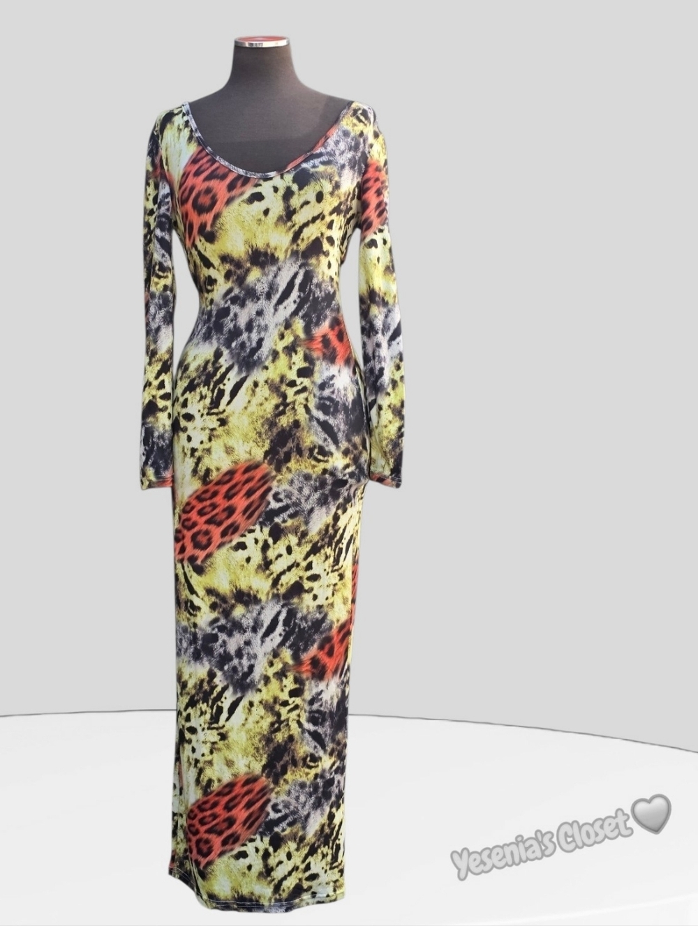 Long Sleeve Animal Print Maxi Dress - Yellow & Red